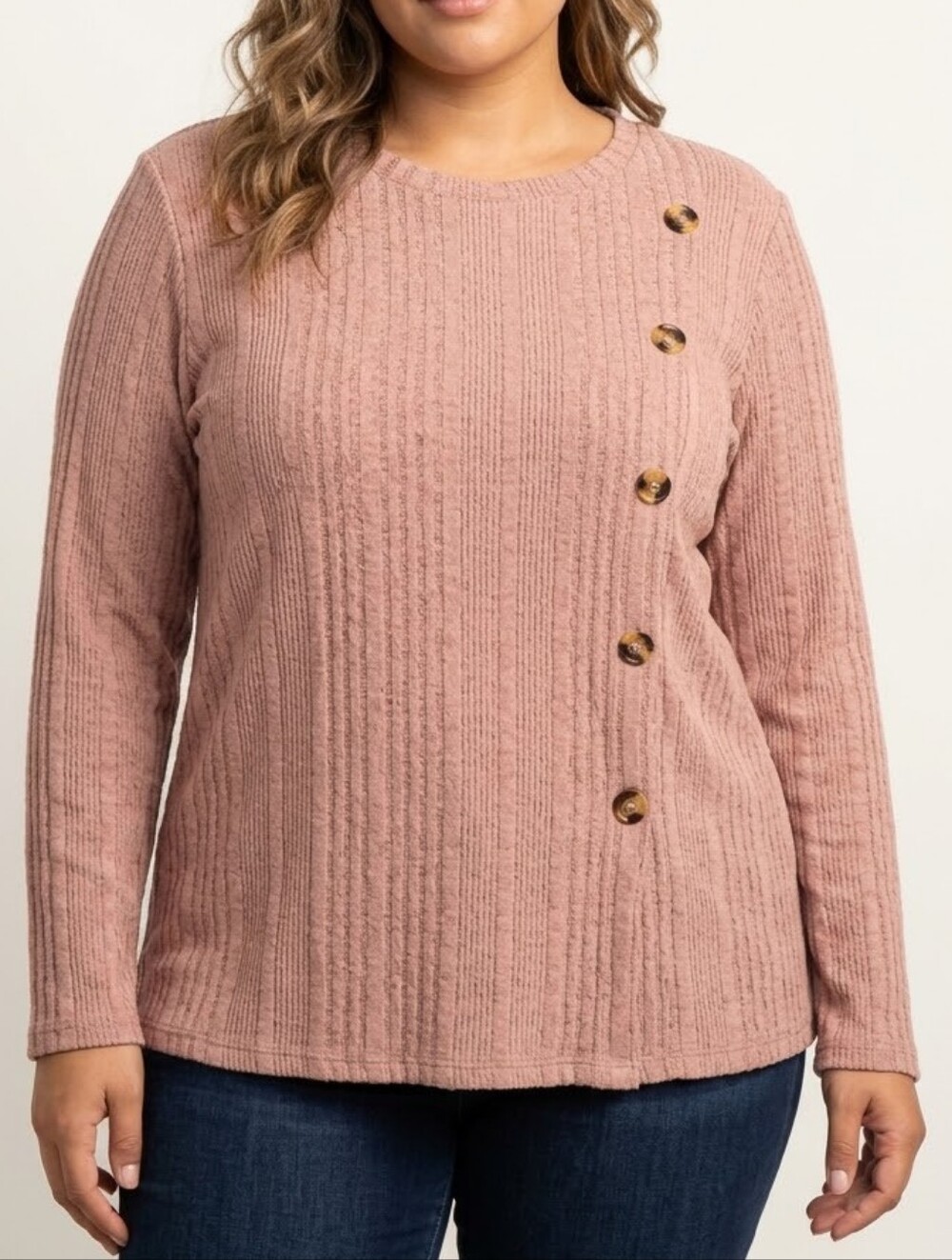 XIEERDUO Women's 2XL Dusty Pink Ribbed Knit Top Long Sleeve Stretch Pullover